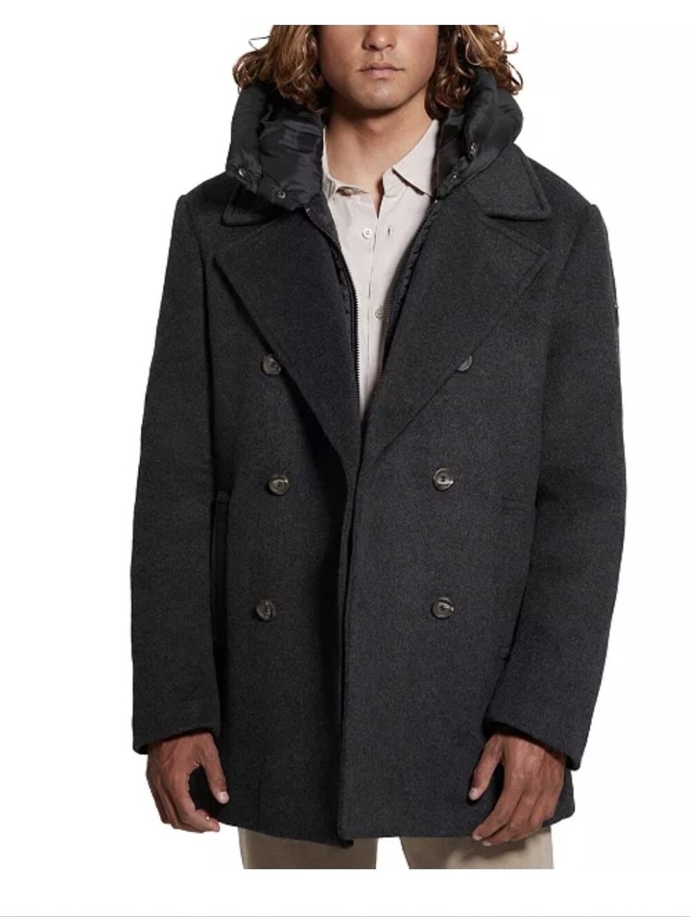 GUESS Men's Black Wool Blend Jeff DB Hooded Quilted Peacoat Size Medium NWT $350